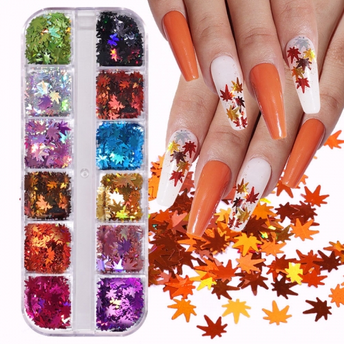 12 Colors/box Maple Leaves Nail Art Sequins Holographic Glitter Flakes Paillette Fall Leaf Stickers For DIY Nails Autumn Decorations