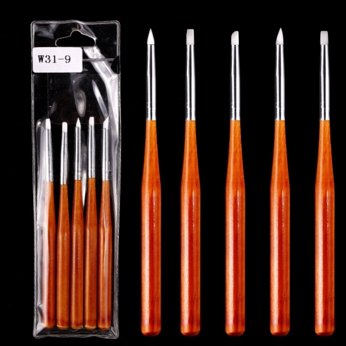 5pcs/set Carving Emboss Shaping Brush Sculpture ManicureTools Silicone Head Wooden Handle Nail Art Brush Pen Set