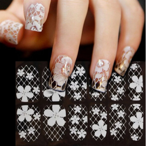 1sheet White Lace Flower with Rhinestone Nail Art Stickers 