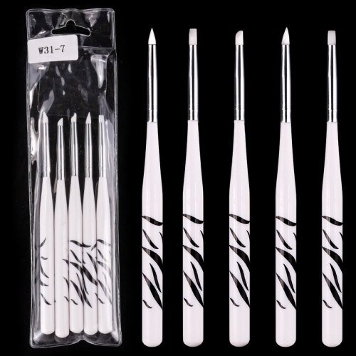 5pcs/Set Zebra Handle Sculpture Emboss Gel Building Tools Small Silicone Heads Carving Nail Brushes Set