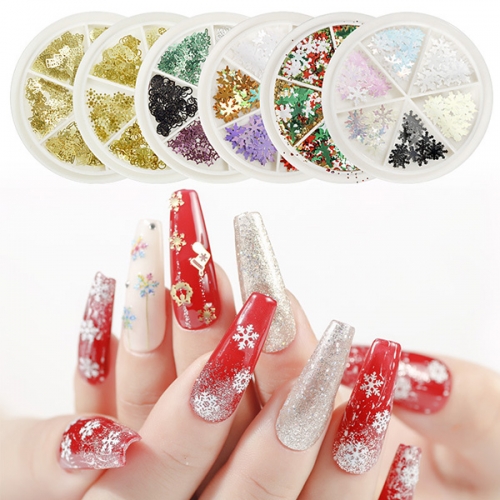 1wheel 6 Mixed Wheel Christmas Snowflake Xmas Tree Hollow Nail Art Decoration Nail Glitter Sequins Slice