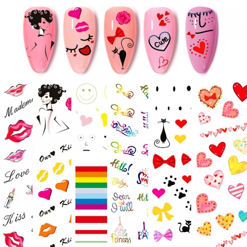 Valentine Theme Sweet Love Bow Lips Applique Nail Art Sticker English Alphabet Decals Cartoon Cute Nail Sticker