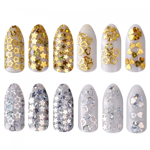 12grids/box Heart Flower Star Shape Nail Art Flake Sequins Tip Decoration Hollow Designs Silver Gold Nail Glitter