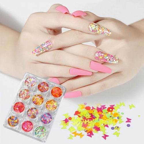 12colors/set Mixed Colors Neon Dotting Butterfly Acrylic Gel Sequins Nail Butterflies Glitters