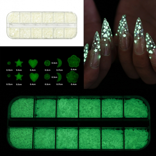 12 Grids Stars Moon Heart Irregular Nail Sequins Mix Luminous Decoration 3D Holographic Nail Glitter