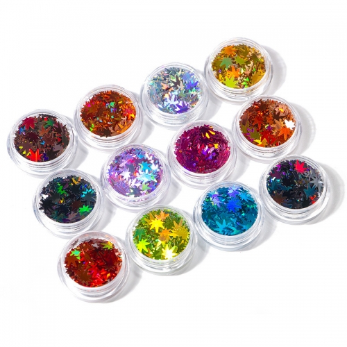 12 Jars/Set Nail Art Glitter Sequins Flake Holographic Mixed Color Maple Leaf Shape 3D Paillette Slice Sparkling Manicure Decor