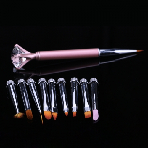 Metal Crystal Replace 10 Heads Carving Cuticle Remover Flat Line Flower Drawing Painting Nail Art Pen Brush