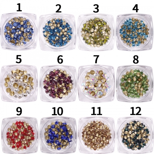 12colors/set Sharp Bottom 3D Manicure Nail Art Decoration Rhinestones Rivet