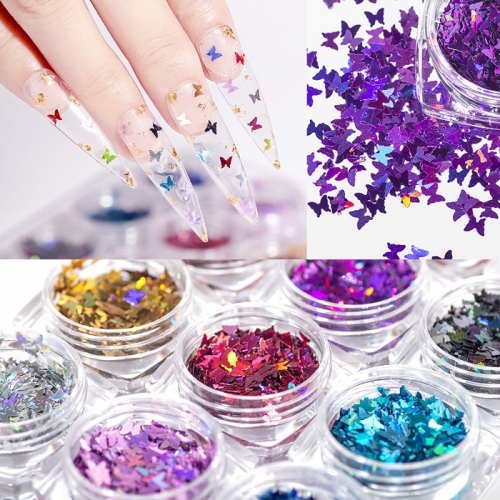 12jars/set Metallic Laser Butterfly Shape Nail Art Glitter Powder