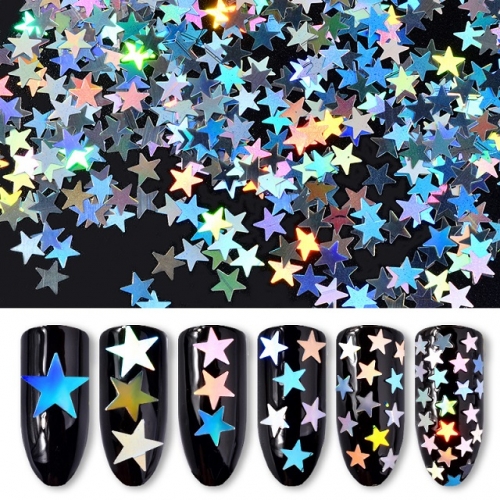 6Pcs/set Silver Star Glitter Sequins Gorgeous Laser Star Different Sizes DIY Nail Accessories 3D Manicure Nail Art Decoration