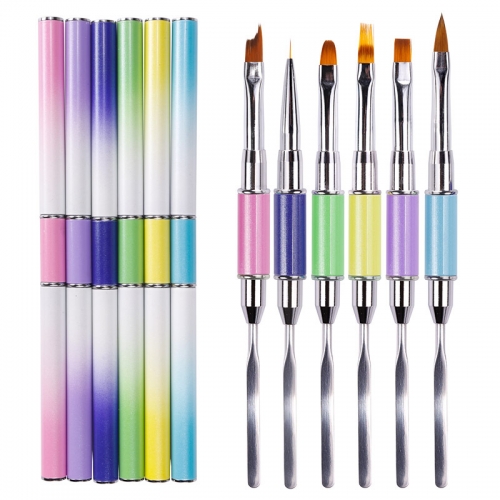 1pcs Colorful Double End Spatula Flower Drawing Gradient Liner Nail Art Brush Painting Pen with Metal Flat Pusher
