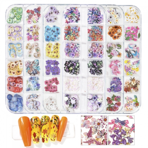 12 Grids Mixed Butterfly Flower Leaves Daisy Soft Wood Slices Nail Art Decoration Nail Decals Stickers