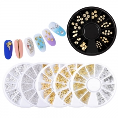 1 Wheel Nail Art Star Moon Rivet Hollow Alloy Nail Decoration Mixed Leaves Ring Rhinestone styles Mix-Color Manicure Accessories