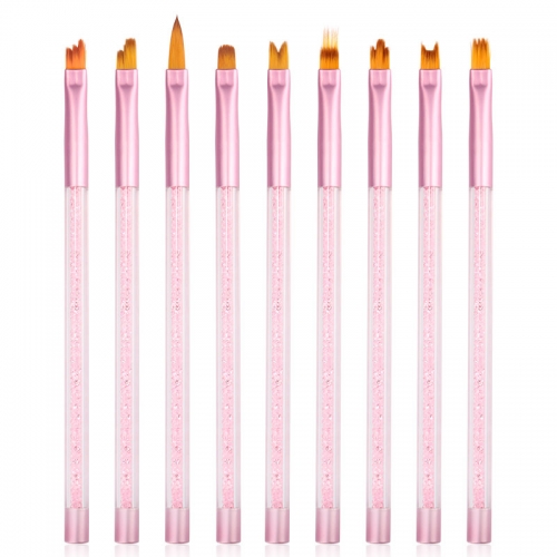 Pink Colors Rhinestone Inside Acrylic Metal Handle Nail Art Gel Brush Pen Set Private Label 9 pcs Gel Polish Nail Brush