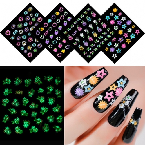 24 Pcs/set Models Of Luminous Heart-Shaped Bows Flowers Decals Luminous Nail Stickers In Dark Nails