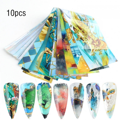 10pcs/pack Gold Gradient Marble Nail Foil Blue Green Forest Glen Tree Starry Sky Slider Aluminum Flake Nail Art Decorations JI6121