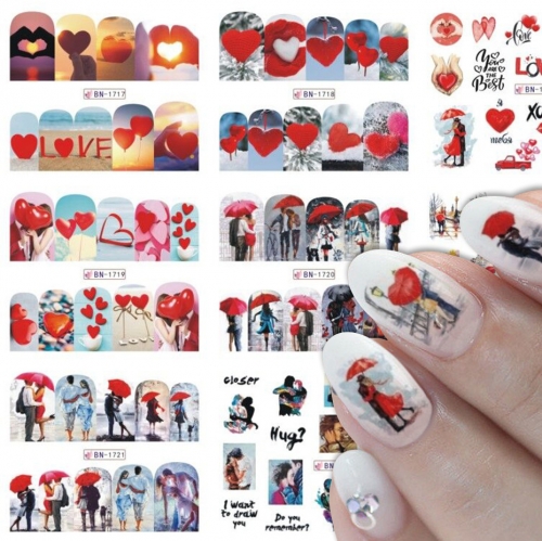 12designs/set Valentine Heart Rate Design Sticker For Nails Decal Love Letter Lips Transfer Slider Nail Art Stickers