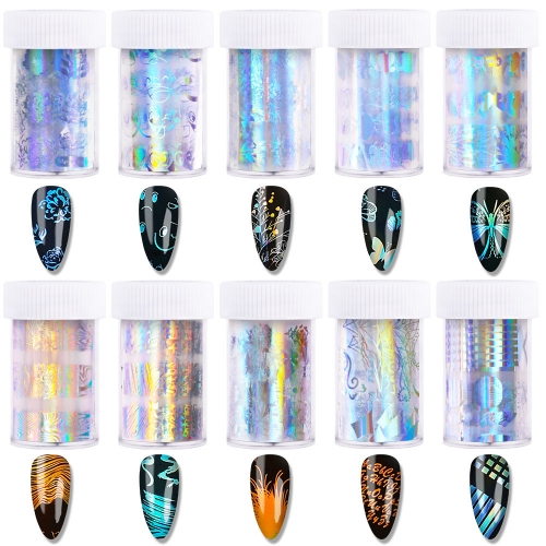 1 bottle 4 * 100cm 4 Holographic Nail Foil Mix Butterfly Flower Leaf Designs Nail Art Transfer Stickers 3d Tips Slider Decals Decoration