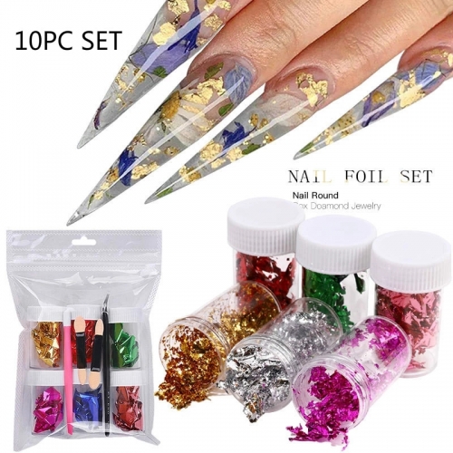 10pcs/set Nail Glitter Set Laser Gold Foil Thin Double Sided Fragment Tweezers Sponge Stick Manicure Material Deco Salon Tools