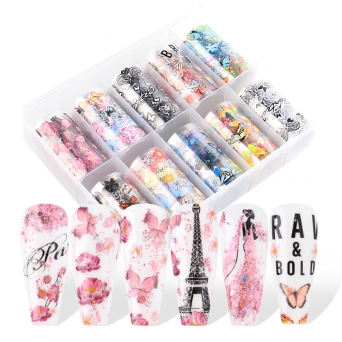 10 Rolls/box Nail Transfer Foil Set Butterfly Pattern Nail Decals Flower Rose Letter Wraps for Nail Art Designs Decor