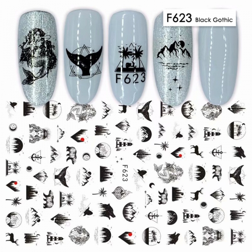 1 Sheet 3D Love Heart Nail Stickers Black Gothic Anime Girl Flowers Adhesive Decals Nail Art Decoration Sliders Foils Accessories