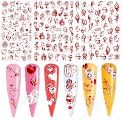 1sheet Laser Red Woman Face Line Decals Love Heart Valentine Nail Sticker