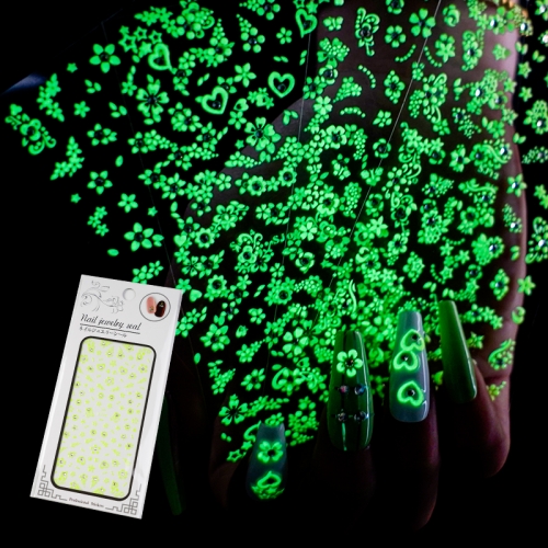 图片有水印 1sheet 3D Green Luminous Diamond Flowers Glow in the Dark Nail Jewelry Sticker
