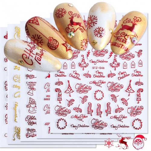 1sheet Christmas Nail Sticker 3D Red Gold Sliders Metal Letters Decals Deer Snowflake Wraps DIY Nail Art Design