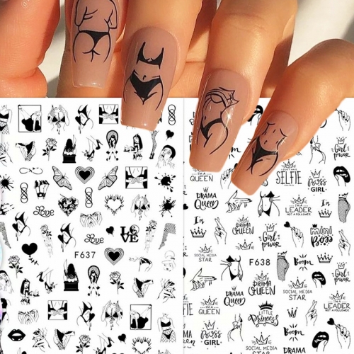 1pcs Hot Mother's Day Series Nail 3D Nail Stickers Ins Retro Facebook Black Line Nail Stickers Nail Decals Nail Art Decorations Nails