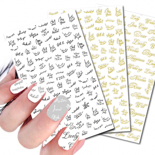 1Pcs Nail Sticker English Letters Gold and Silver Black and White Nail English Letters String List 3D Sticker Nails Decals Decor