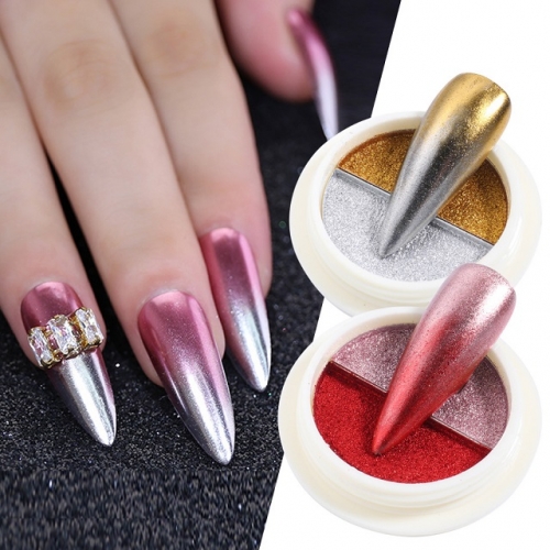 1jar Chrome Mirror Nail Powder Two Color Rose Gold Nail Art Glitter Gel Polishing Rubbing Pigment Dust Flakes Decoration Brush