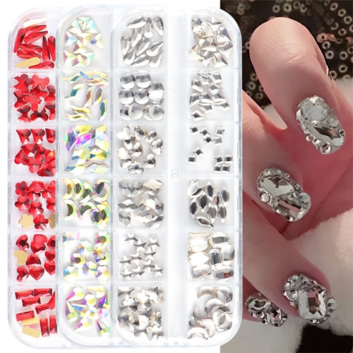 12Grids/Box Rhombus Mixed Rhinestones For Nail Art White AB Shiny Glitter Crystal Nail Gems DIY Charm Stone Manicure Decoraions