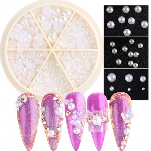 1 Wheel 3D Nail Art Pearls Vintage White Glitter Nail Sequin Decoration Half Round Mixed Nail Beads Strass Charms Accessories