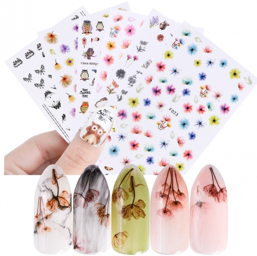 1 Sheet Watercolor Nail Art Stickers Self-adhesive Translucent Women Charms Nailart Decals Spring Cute Manicure Flowers Design