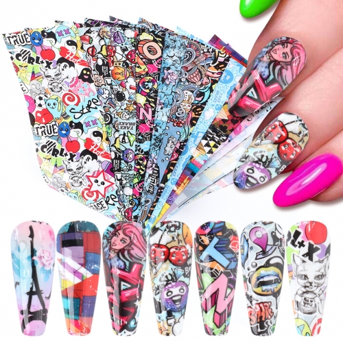 10designs/bag Nail Foil Nail Designs Transfer Sticker Funny Graffiti Adehesive Paper Wraps Nail Art Decals Manicures Decoration