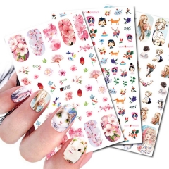 1 Sheet 3D Elegant Chinese Landscape Painting Style Fish Floral Bird Adhesive Nail Art Stickers Decorations DIY Salon Tips