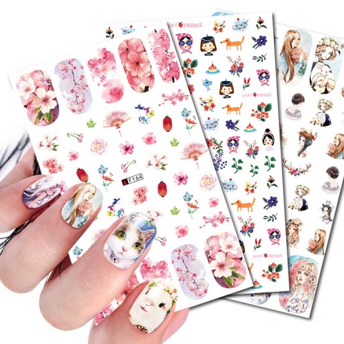 1 Sheet 3D Elegant Chinese Landscape Painting Style Fish Floral Bird Adhesive Nail Art Stickers Decorations DIY Salon Tips