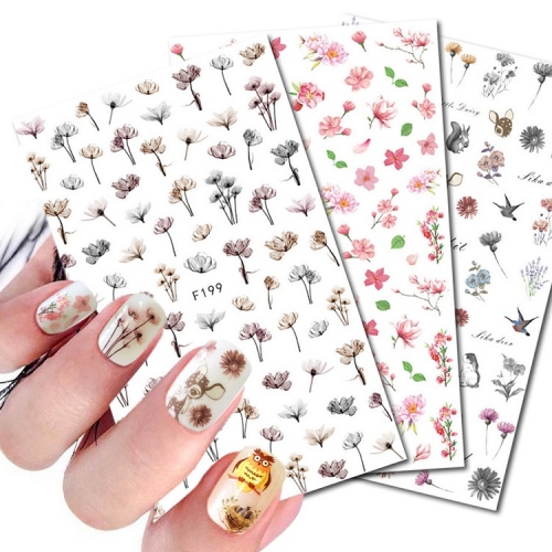 1Pcs 3D Dandelion Nail Stickers Decals Black Maple Leaf Flower Bird Style Adhesive Stickers Nail Art Decoration