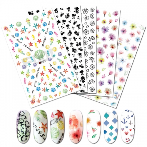 1Pcs 3D Nail Stickers Underwater World animal Nail Art Water Transfer Decals Sliders Flower Leaves Manicures Decoration