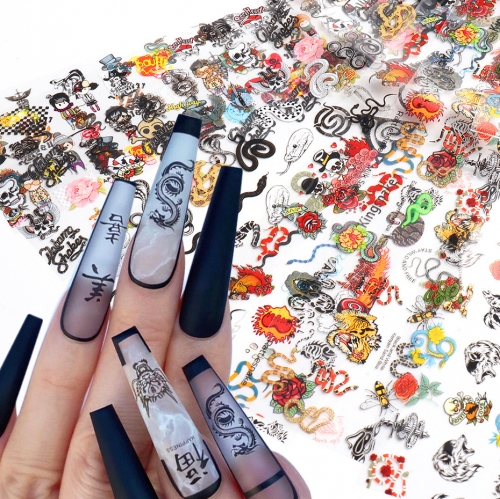 10Pcs/set Nail Sticker Ins Color Halloween Funny Cartoon Snake Pattern Skull Animal Transfer Sticker