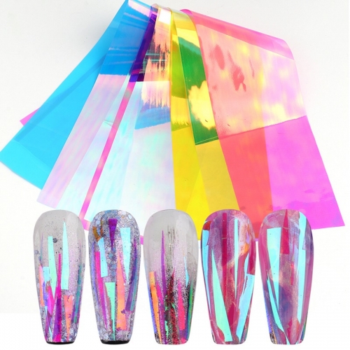 8Pcs/set Mirror Aurora Shimmer Nail Foils Broken Glass Holographic Paper Nail Art Sticker Decal Sequins Polish Decorations