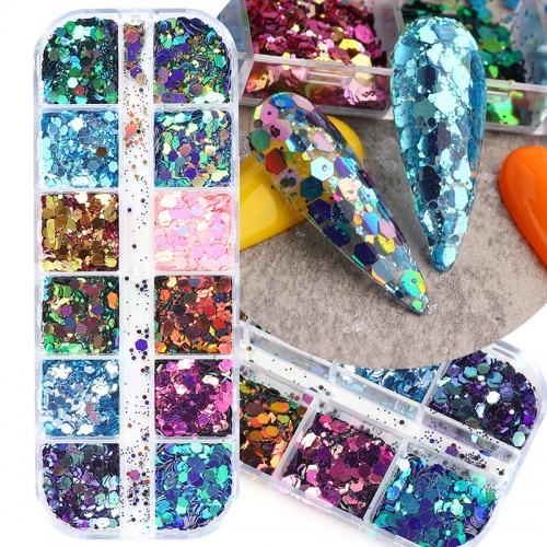 12Girds/box Chameleon Nail Art Sequins Glitter Mirror Flakes Paillette Manicure Holographic Sparkly Slices Stickers Nail Polish Decor