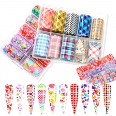 10Rolls/set Newest Plaid Lace Newspaper Love Heart Flowers Nail Foil Nail Art Decoration Transfer Designer Foil