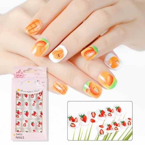 24 Pcs/Set Cute Summer Fruit Solid Color Children Removable Nail Slice Box-Packed