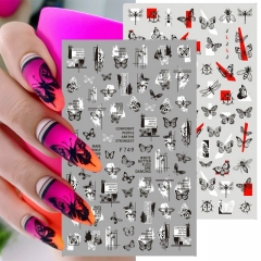 1 Pcs Black Nail Art Stickers Sliders Butterfly Flowers Leaf Letters Floral 3D Nail Decals Foil Designs Tattoo for Manicure