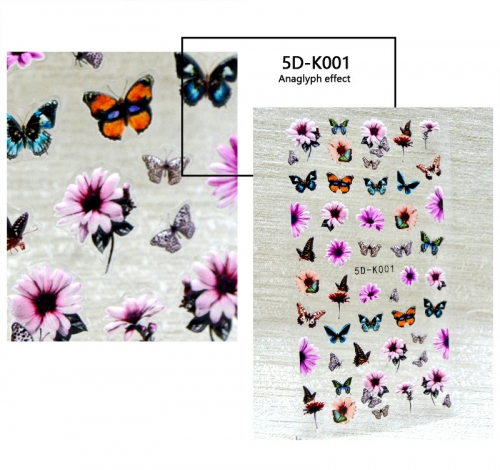 1Pcs 5D Nail Decals Embossed Flowers and Butterflies
