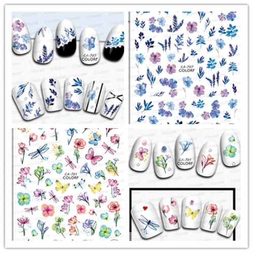1Pcs 3D Abstract Floral Nail Sticker Spring Decal Rose Flower Tree Foliage English Manicure Decoration