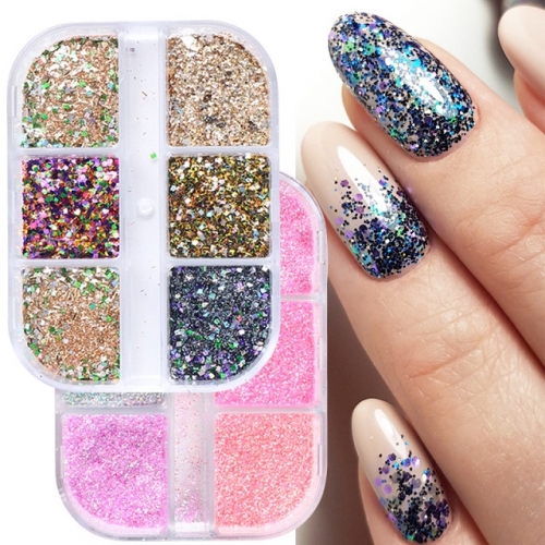 6grids/box Mixed Color Nail Polish Glitter Pastel Powdered Sugar Irregular Granules Nail Coarse Powder Nail Polish Sequins Manicure Decoration