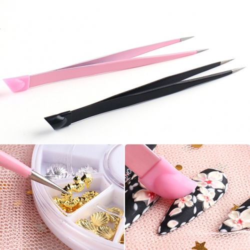 1pcs Dual Ended Tweezers False Eyelashes Nail Clips Nipper Plier Silicone Pressing Head For Nail Stickers Makeup Tools