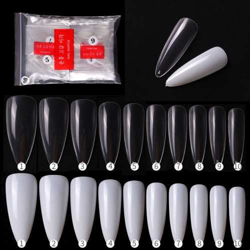 500pcs / bag 12 Sizes Ballet Full Cover Paste Sharp Stiletto Long Water Drop Almond Nails 2 Colors PVC Nail